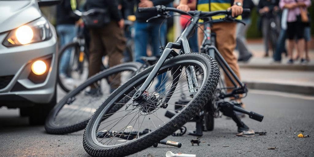 Bicycle accident scene with emergency responders and damaged bike.