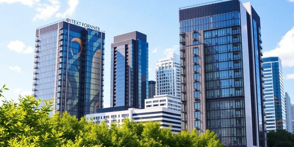 Urban landscape with digital currency symbols in Canada.