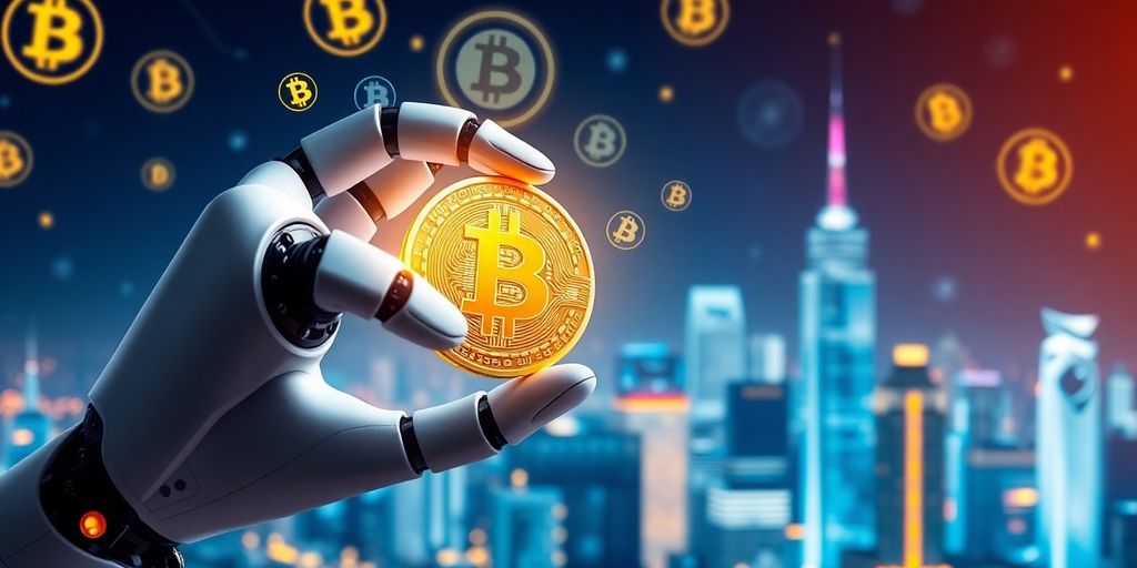 Futuristic AI hand holding Bitcoin with city skyline background.