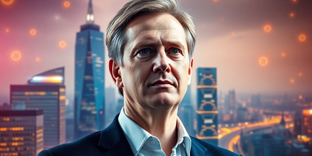 UK politician in front of a futuristic city skyline.