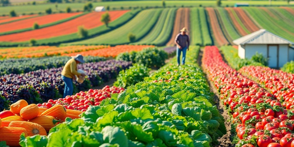 Farmers and technology interface in lush agricultural setting.