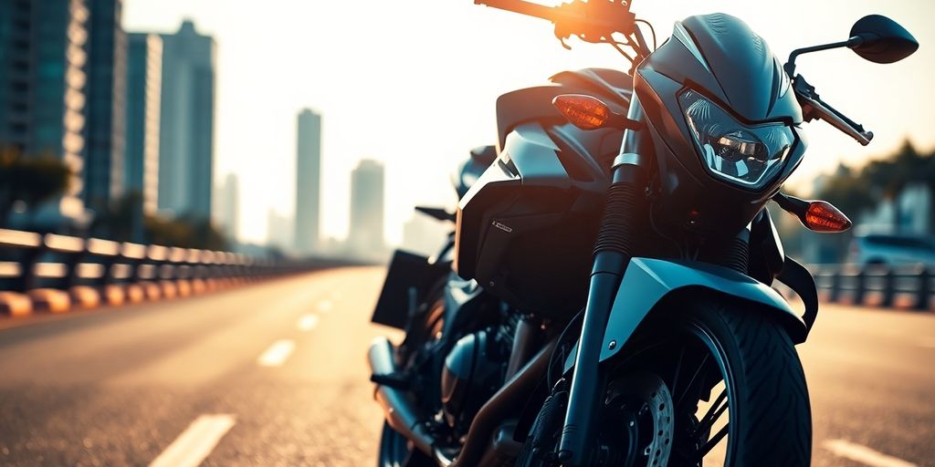 Close-up of a modern motorcycle on a road.