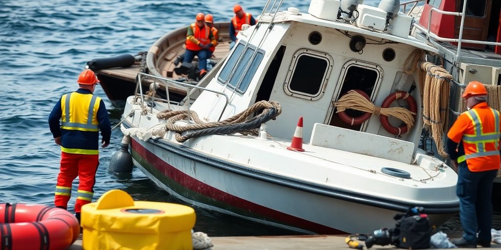 Damaged boat on water with rescue workers nearby.