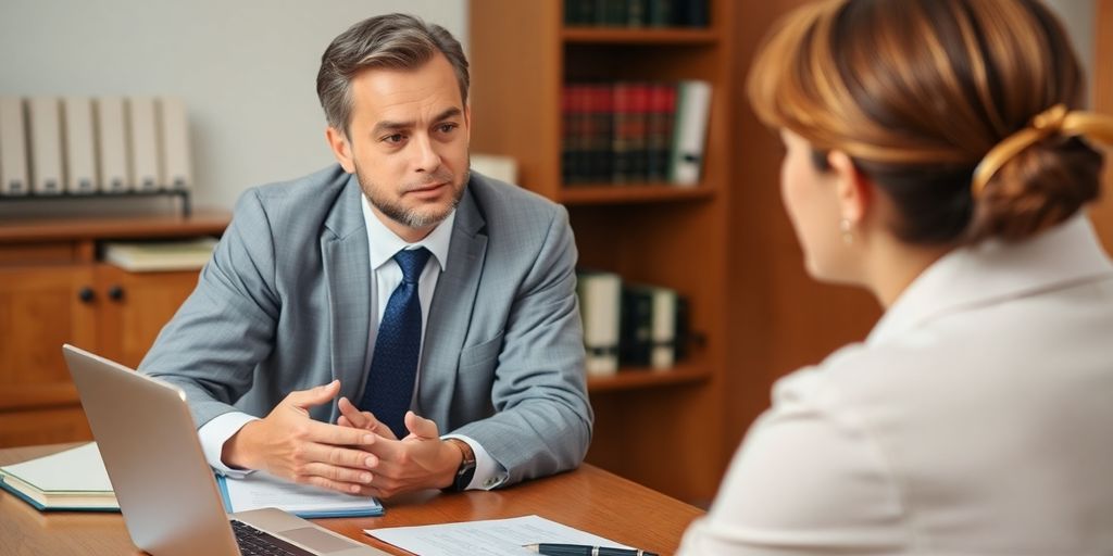 Lawyer consulting with client in a professional office setting.