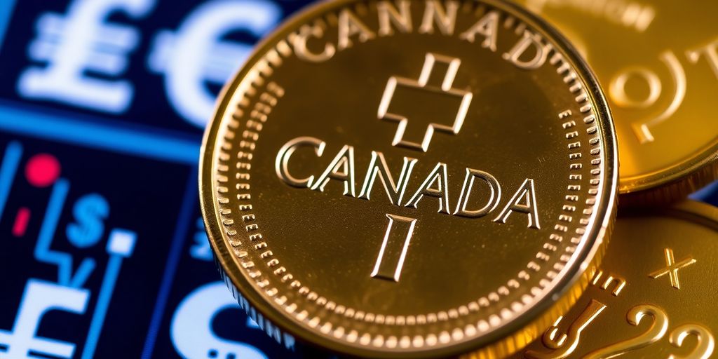 Close-up of Canadian coin with digital currency symbols.
