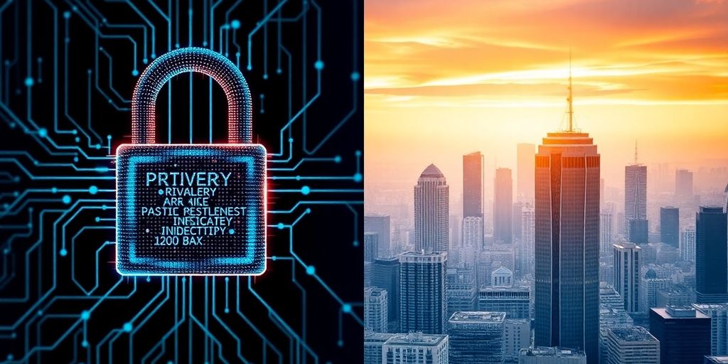 Digital padlock and futuristic city skyline contrast.