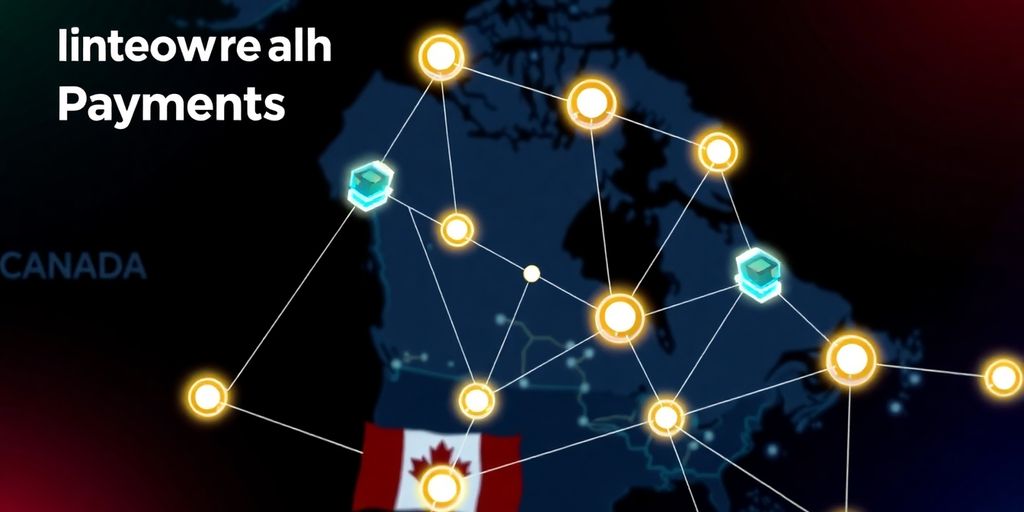 Blockchain network connecting Canada to global financial hubs.