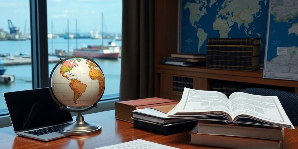 Maritime law office with globe and nautical map.