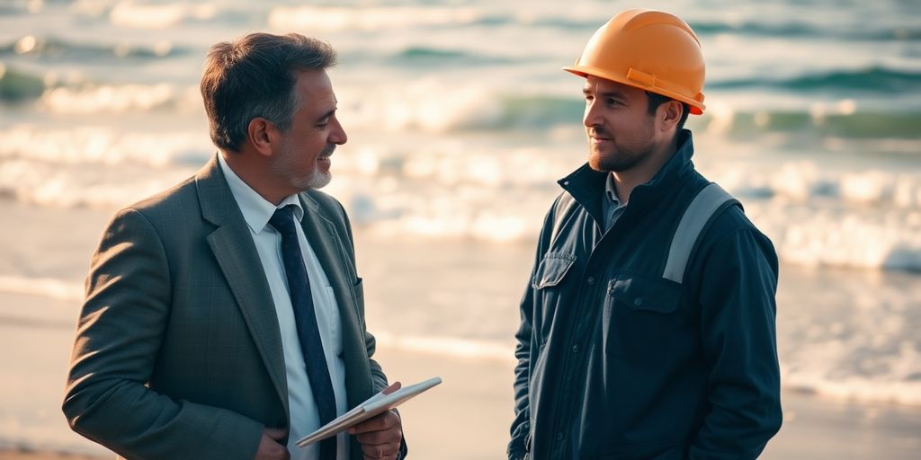 Lawyer and worker discussing offshore injury case on beach.