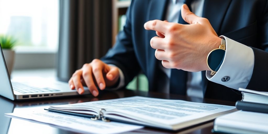 Lawyer examining case files in a professional office setting.