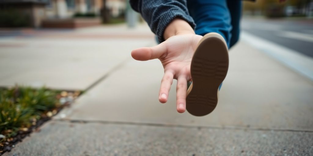 Person tripping on a sidewalk, capturing a fall moment.