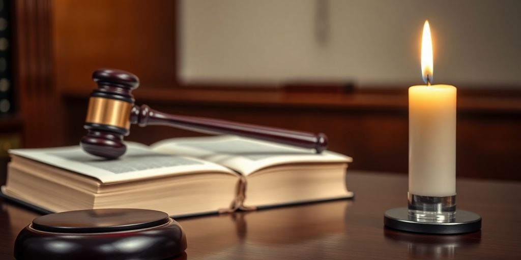 Courtroom scene with gavel and memorial candle.