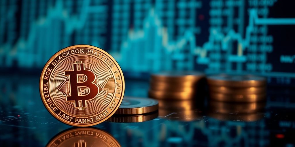 Photograph of blockchain tokens with digital ledger background.