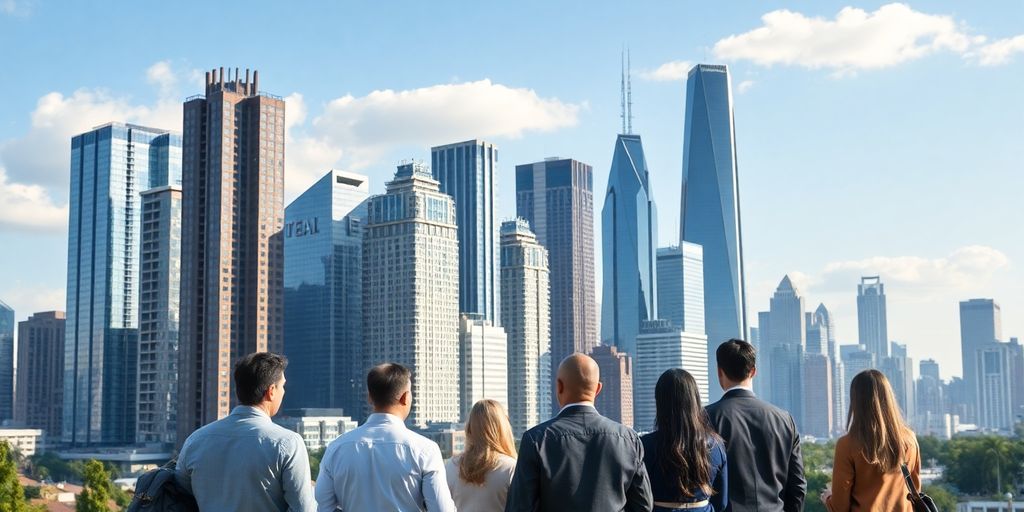 Investors discussing real estate in a modern cityscape.