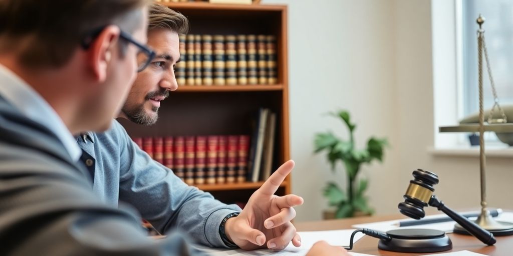 Local attorney consulting with client in office setting.