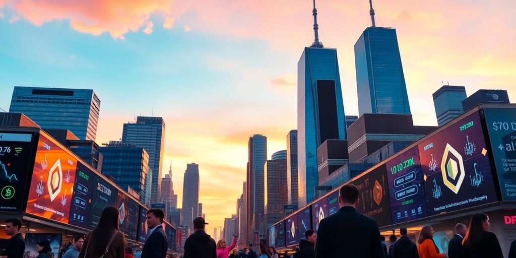 Canadian skyline with blockchain elements and traders engaged.