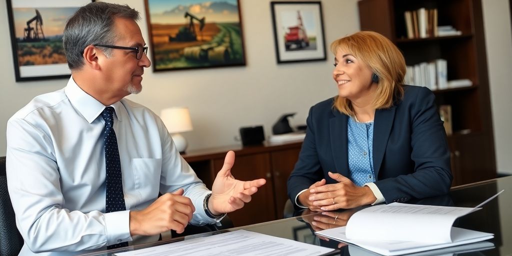 Lawyer consulting with client about oilfield accident case.