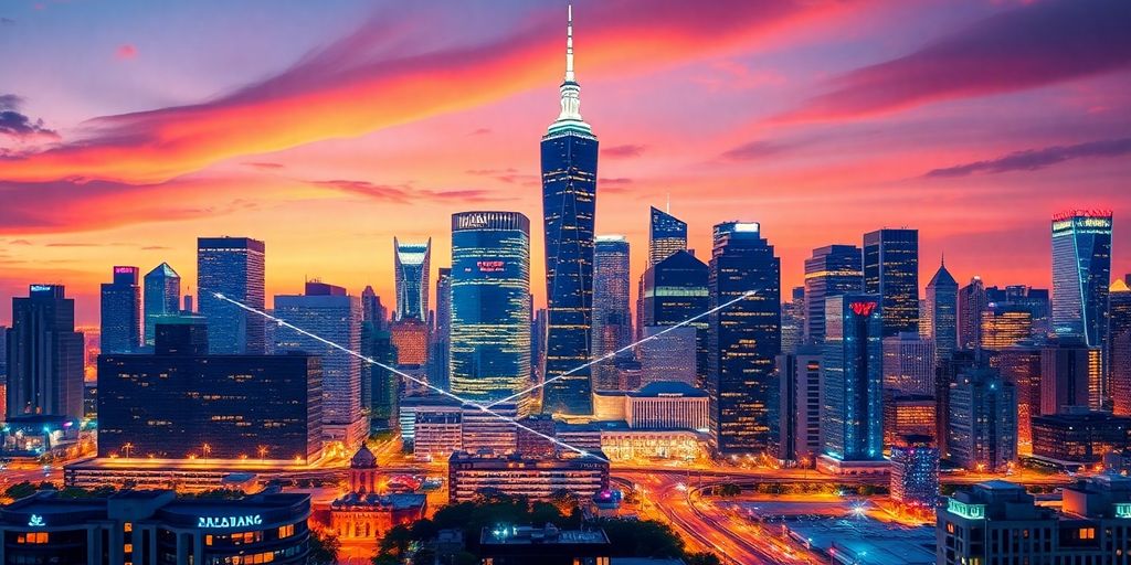 Canadian skyline with digital blockchain elements and AI technology.