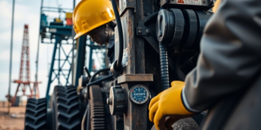 Heavy machinery and safety gear at an oilfield site.