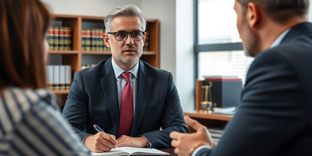 Lawyer consulting with client in a modern office.