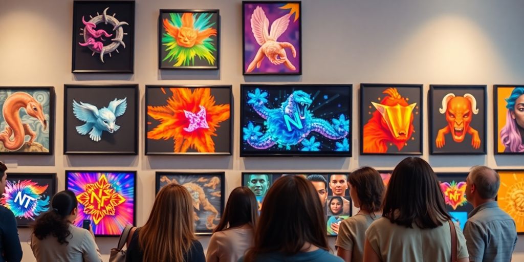 Colorful digital art pieces in a modern gallery setting.
