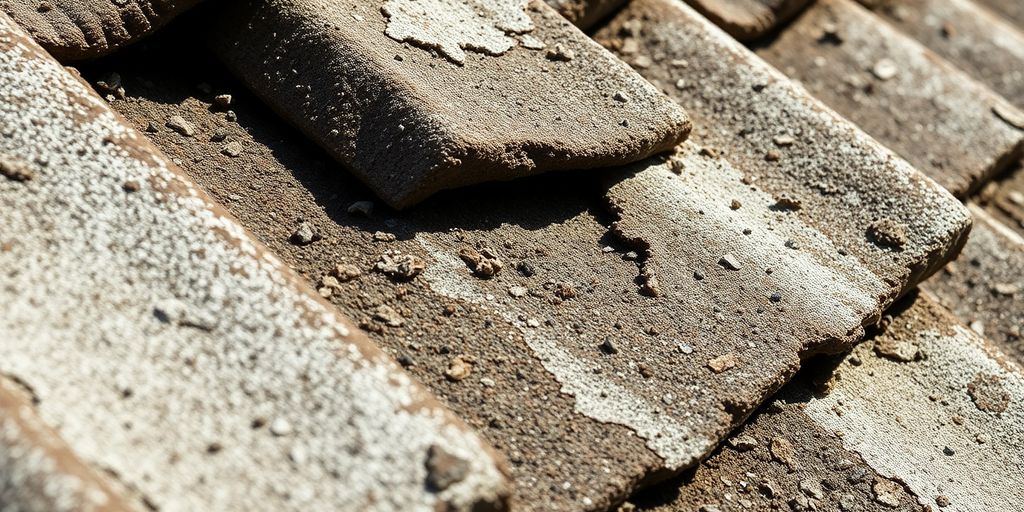 Close-up of deteriorating asbestos roofing material.