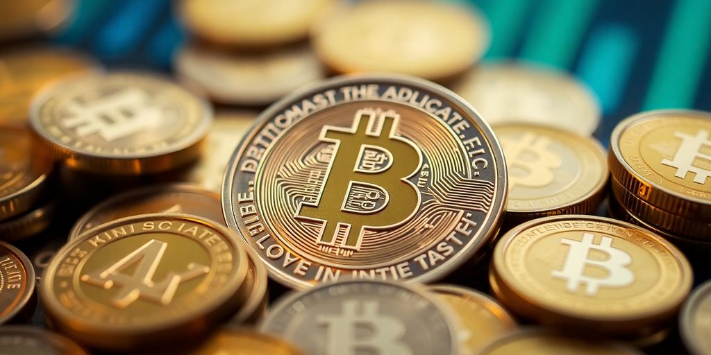 Close-up of a digital currency coin among various coins.