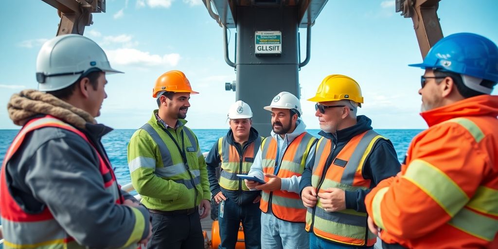Platform workers collaborating on safety at sea.