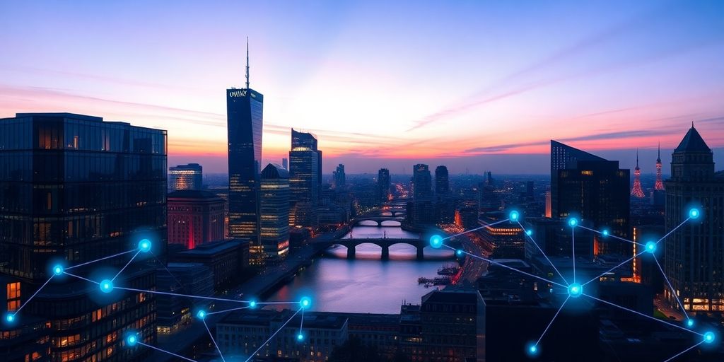 City skyline with digital connections illustrating blockchain innovation.