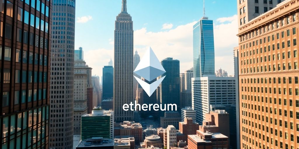 Financial district with Ethereum logo in the skyline.