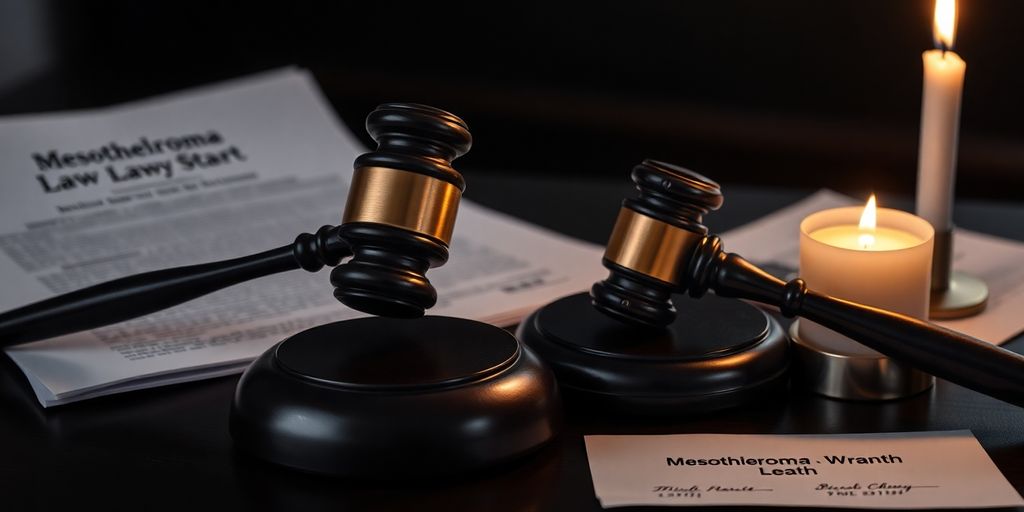 Courtroom scene with gavel, documents, and candle light.
