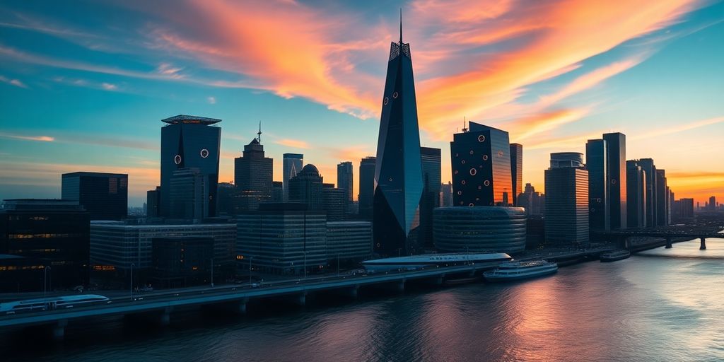 City skyline at dusk with digital currency symbols.