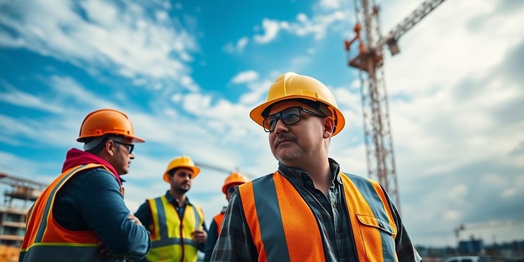 Construction workers on site in safety gear and helmets.