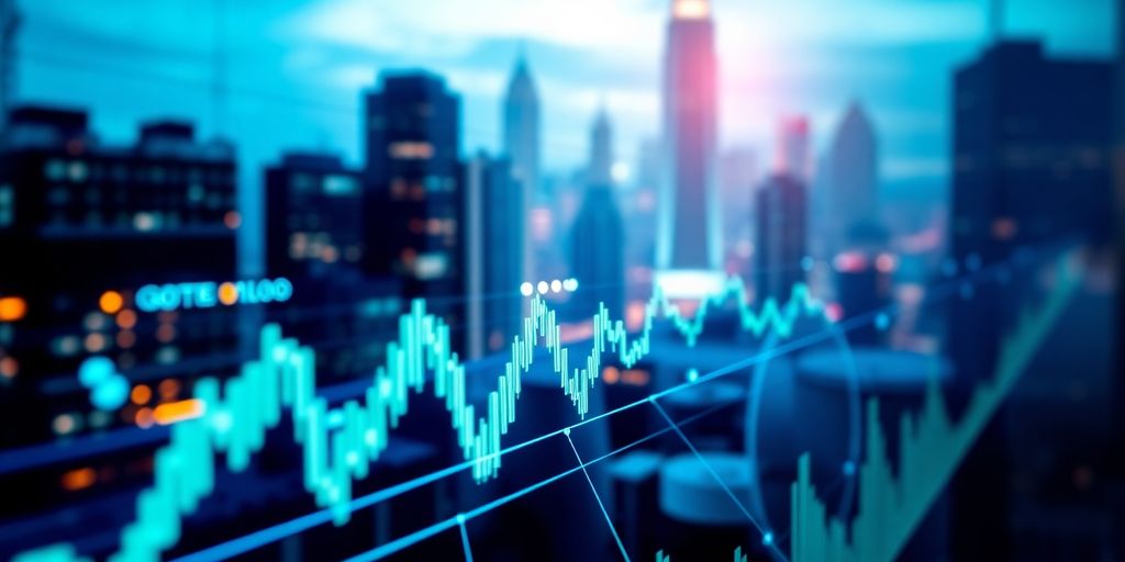 Digital financial interface with futuristic cityscape backdrop.