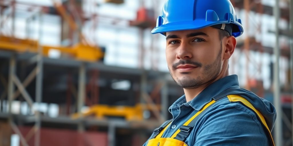 Construction worker in helmet at a busy job site.