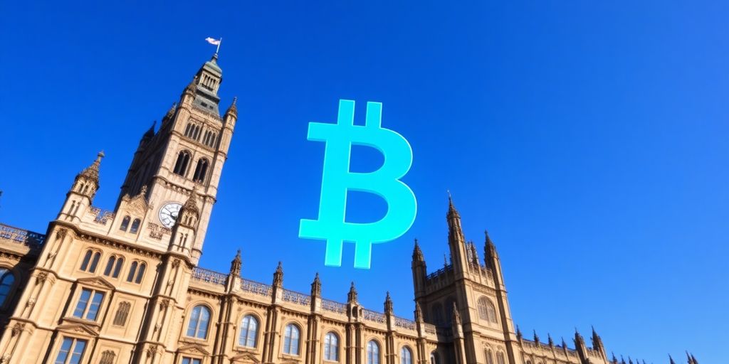UK Parliament with digital currency overlay and clear sky.
