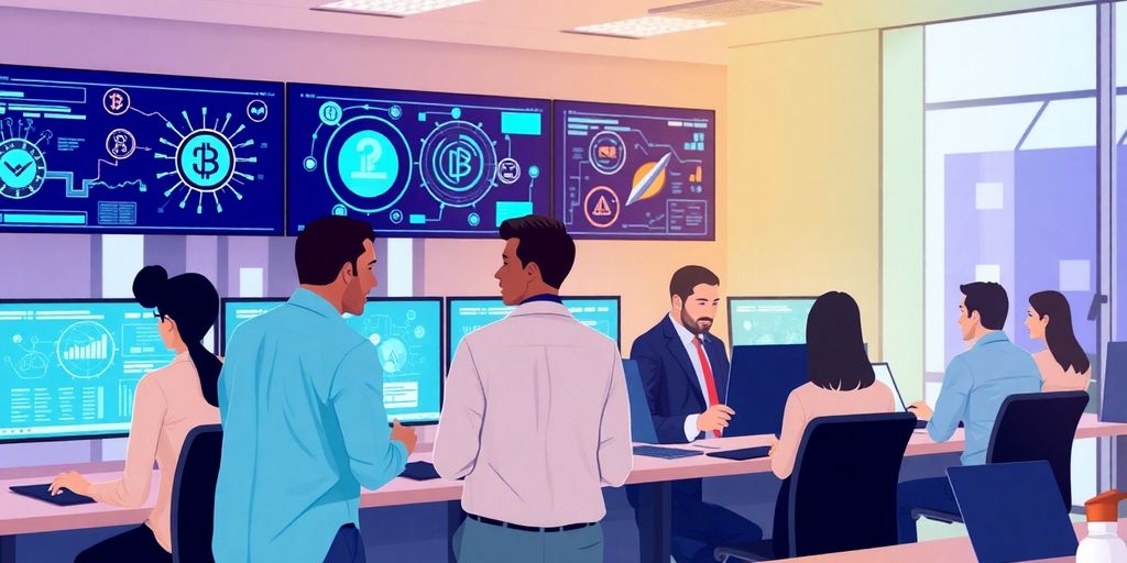 Professionals collaborating in a modern digital workspace.
