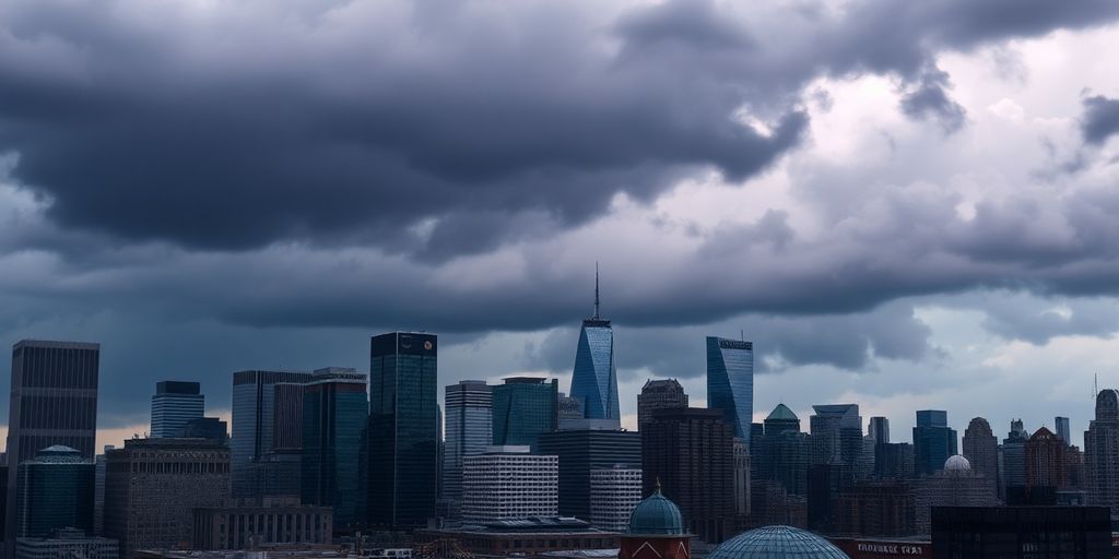Dramatic skyline of a Canadian city under stormy clouds.