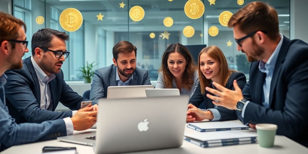 UK crypto professionals collaborating in a modern office.