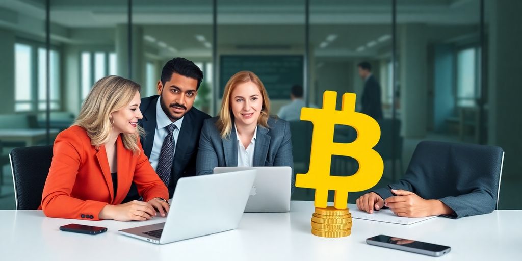 Group discussing cryptocurrency regulations in a modern office.
