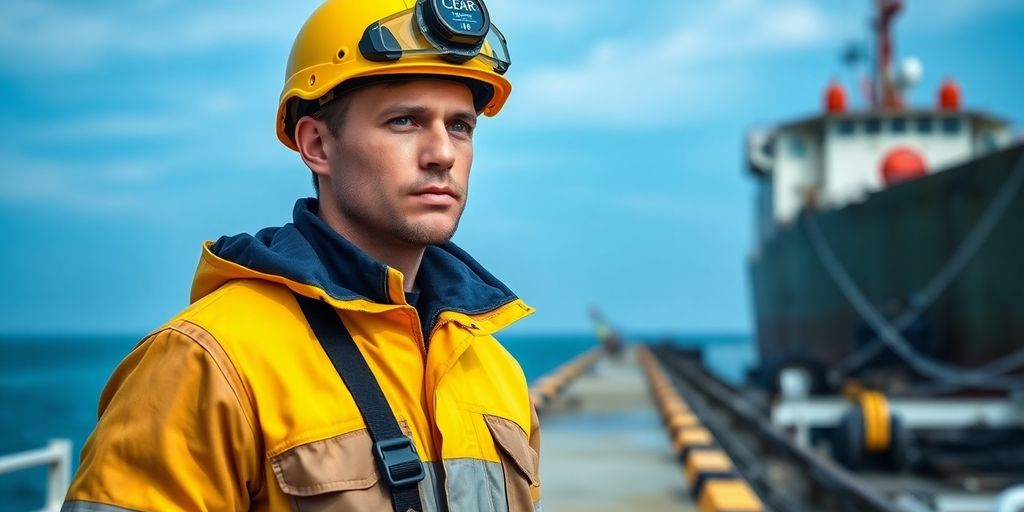 Maritime worker in safety gear on a dock.