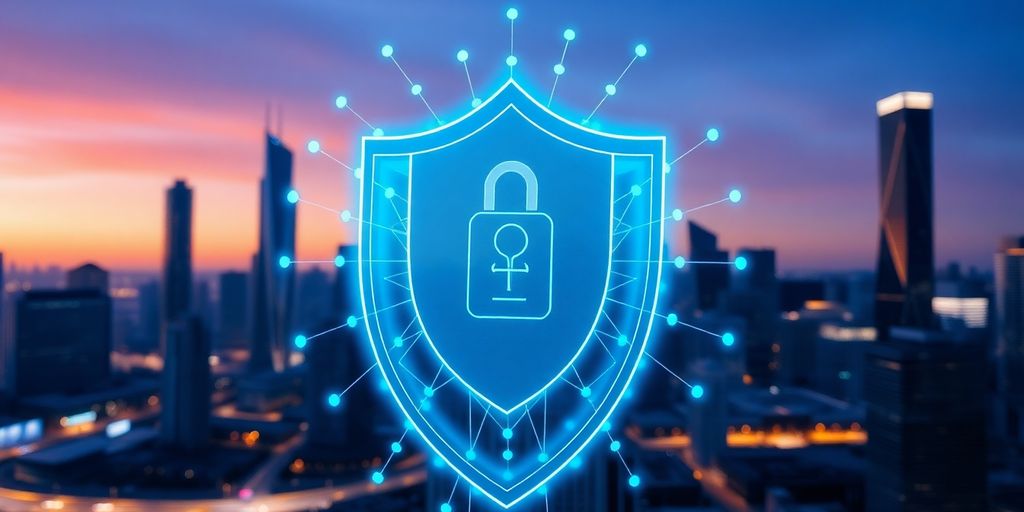 Modern blockchain nodes with a digital security shield.