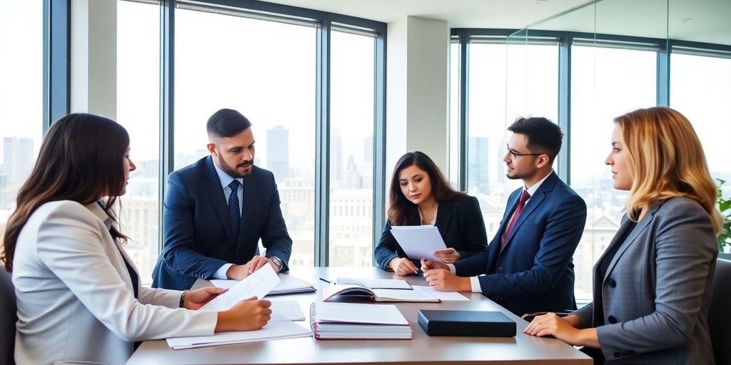 Diverse lawyers collaborating in a professional office setting.