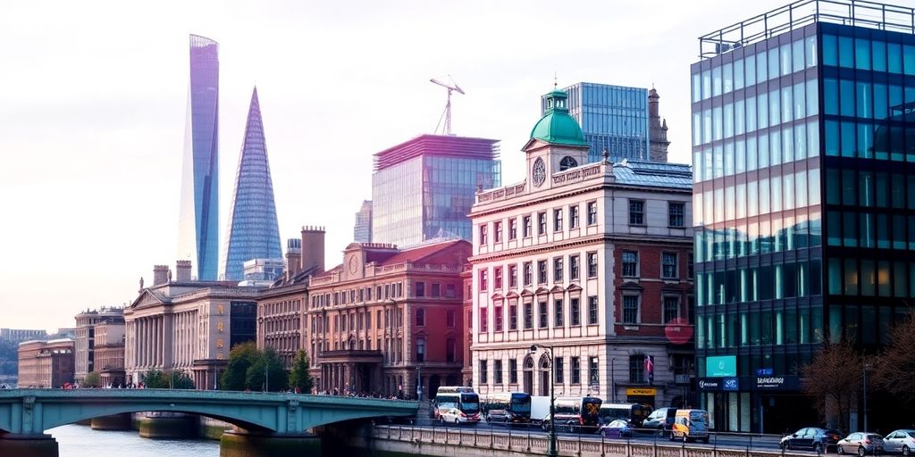 Modern London skyline with digital overlays and architecture.