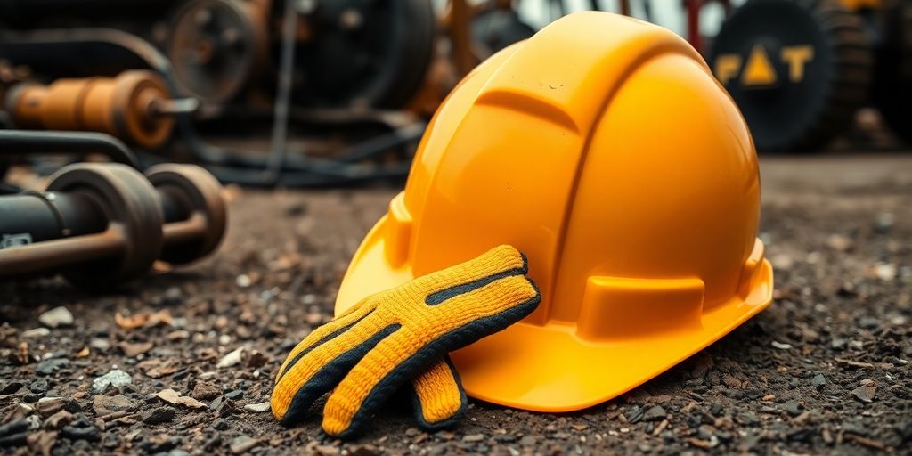 Hard hat and gloves on oilfield ground.