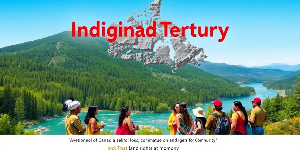 Indigenous people in a natural landscape discussing land rights.