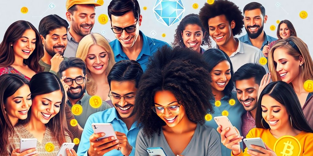 Diverse group of people engaging with cryptocurrency devices.
