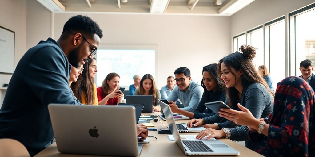 Group of people learning about cryptocurrency in a classroom.