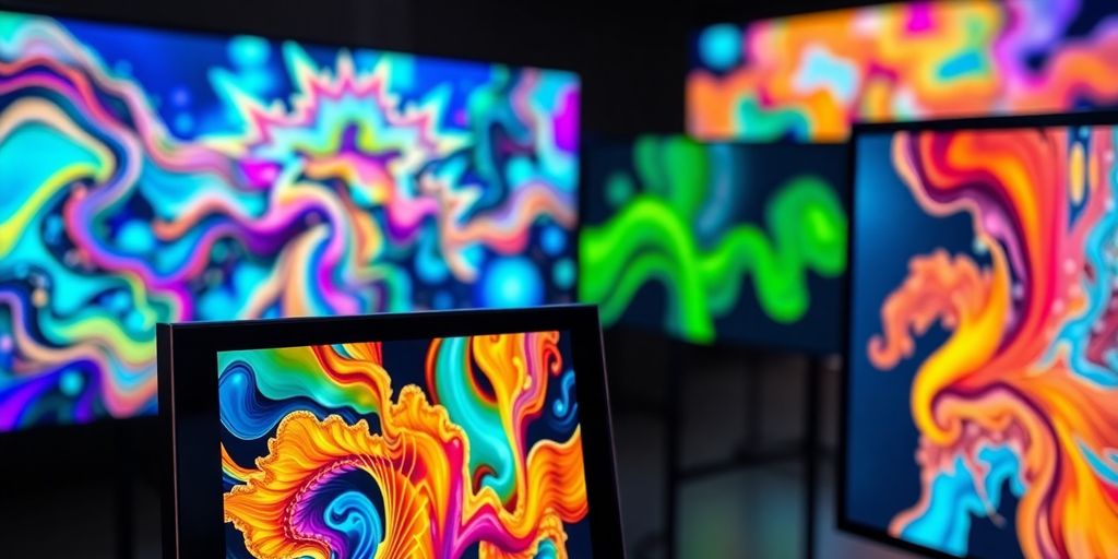 Photograph of colorful digital art displayed in a gallery.