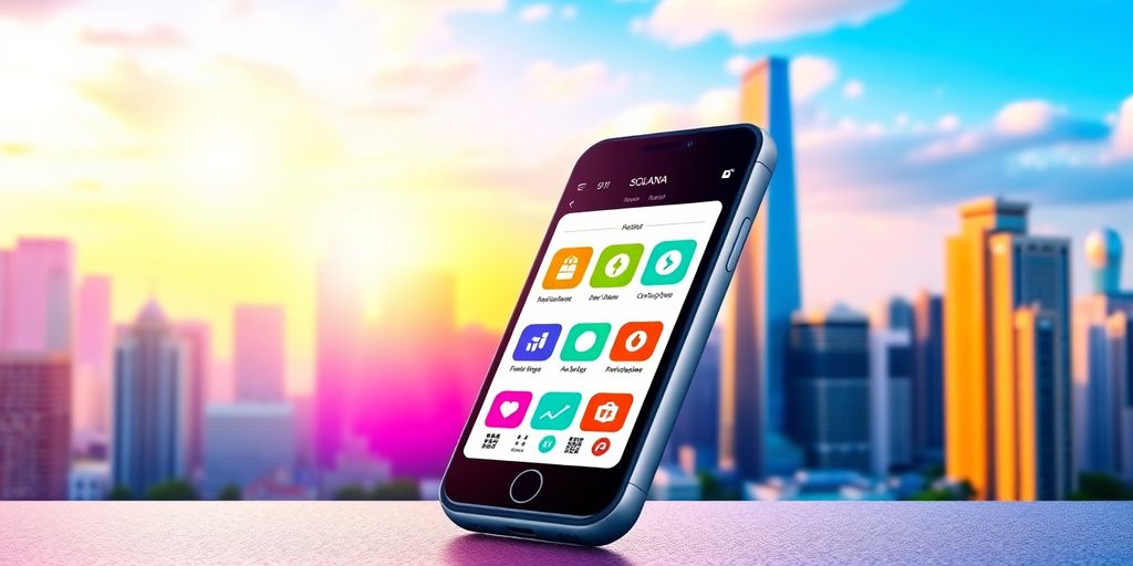 Smartphone with app interface against urban skyline backdrop.